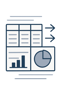Organized data table with charts and export arrows